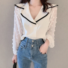 批发西装领毛针织衫锁骨上衣仙<b class='q'>女</b>网纱袖设计感小衫长袖短款