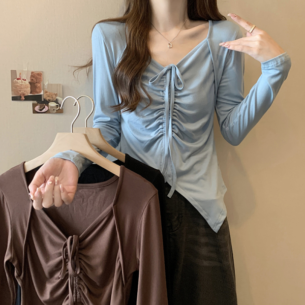 RM24809#辣妹V领性感显瘦长袖开叉针织上衣女抽绳设计感长袖