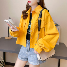 批发实拍100%聚酯纤维2026春秋新款纯色短款POLO领衬衫长袖女