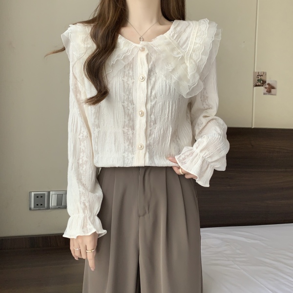 RM22417#法式奶系蕾丝韩版超仙法式蕾丝拼接娃娃领温柔甜美长袖衬衫