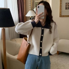 批发复古<b class='q'>翻领</b>撞色加厚针织开衫女短款长袖慵懒宽松polo领毛衣外套