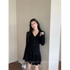 批发实拍 新款 韩系气质针织衫收腰百褶短裙针织两件套