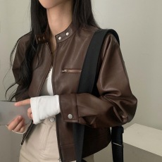 批发有货 韩国ins 早秋新款气质学生 pu皮 机车皮衣半高领 棒球服皮衣
