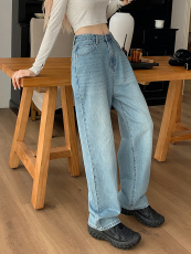 实拍~大码微胖高腰显瘦牛仔裤女水洗宽松百搭阔腿直筒裤子