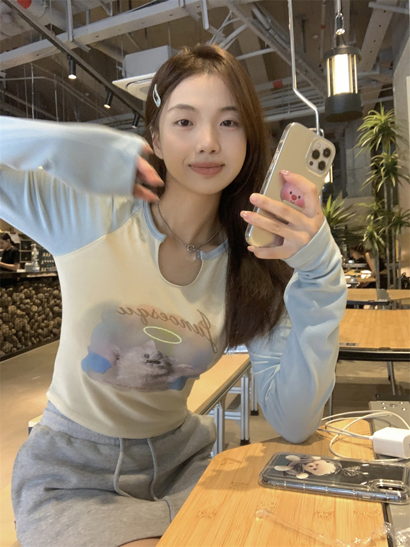 實拍  小貓日記純欲日記撞色插肩袖T恤女長袖甜辣小上衣女
