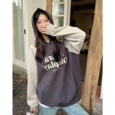 大码女装拼色印花休闲插肩袖连帽卫衣/绒衫简约套头加绒加厚卫衣