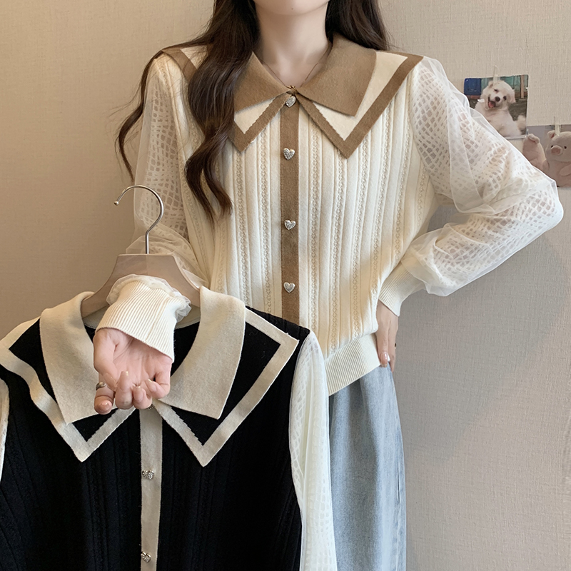 실사 빅 사이즈 여성 의류 봄 드레스 새로운 지방 mm 프랑스식 베이비 칼라 레이스 망사 패치워크 페이크 레이어드 니트 맨위