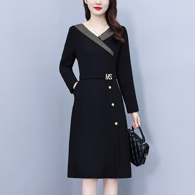 PF19985#重工烫钻西装领大码女装秋季新款气质洋气显瘦遮肚中年妈妈连衣裙女裝貨源服裝批發