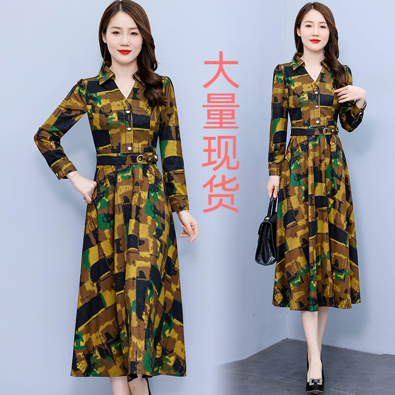 MY13335# 立领长袖印花连衣裙新款韩版修身中长裙女女裝貨源服裝批發