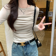实价实拍#网纱长袖t恤女秋款设计感小众褶皱修身打底衫短款上衣潮