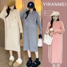 批发<b class='q'>秋</b>冬孕妇毛衣时尚套头连帽长款休闲麻花针织孕妇连衣裙哺乳裙