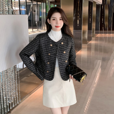 高级复古花色编织小香风短款外套女圆领双排扣气质名媛时髦上衣潮
