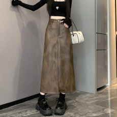 批发实拍2026年秋季新款女<b class='q'>时尚</b>百搭花色长款皮裙高腰气质半身裙简约风