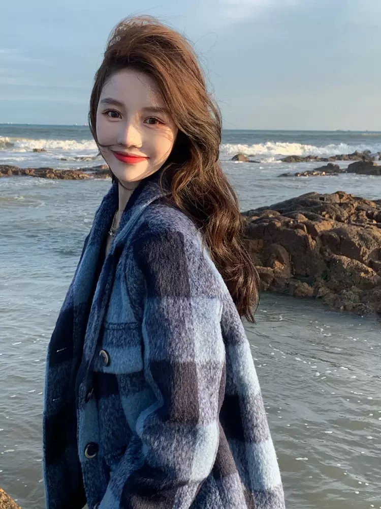 2026 가을 겨울 새로운 프랑스식 작은 대중 체크무늬 모직 맨위 품격 한국 스타일 배색 체스 판 그리드 루즈핏 여성 코트