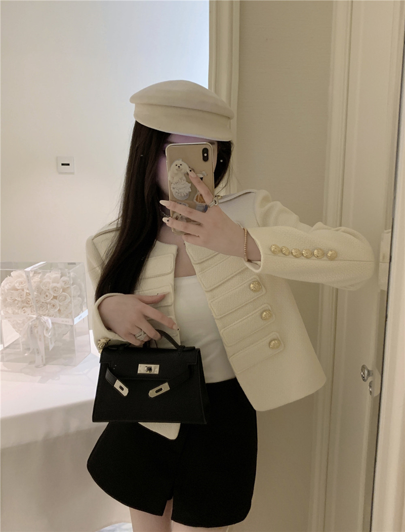 실사 나이트 군대 바람 절묘한 이중 버튼 궁정 작은 샤넬 스타일 모직 짧은 외투 어깨 패드 여성