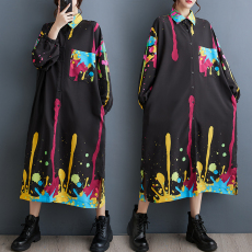 批发实拍<b class='q'>春秋</b>韩版新款宽松大码洋气印花中长款文艺复古<b class='q'>连衣裙</b>