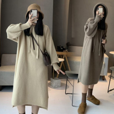 批发<b class='q'>大码</b>女装秋冬新款时尚中长款减龄连帽针织毛衣裙宽松外穿连衣裙