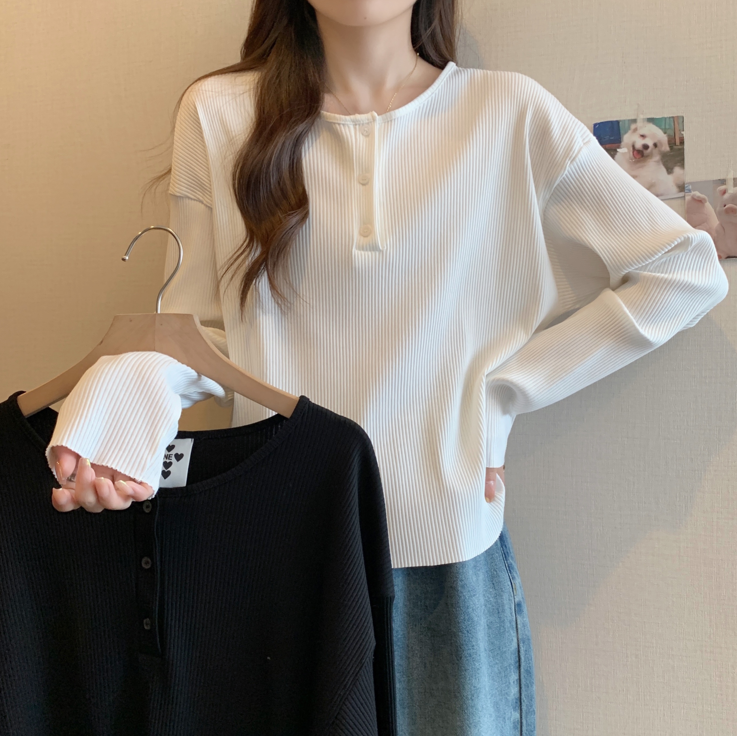 실사 지방 mm 빅 사이즈 구덩이 기사 디자인 센스 단추 작은 대중 긴팔 기본 셔츠 루즈핏 슬림해 보이는 맨위