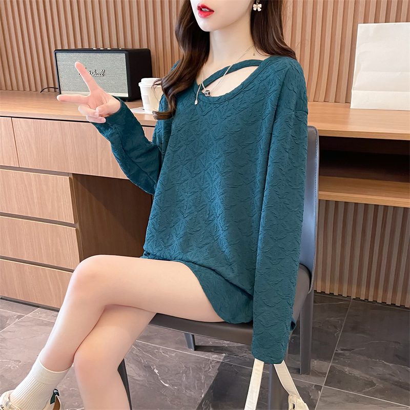 Actual shot Spring Korean style loose 230g jacquard round neck simple slit large size bottoming shirt T-shirt for women