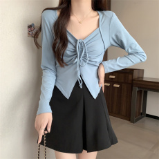 批发实拍大码微胖mm早<b class='q'>秋</b>新款辣妹V领长袖T恤性感抽绳设计感打底衫