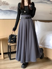 2023秋季新款大码女装灰色大裙摆西装百褶裙小个子高腰显瘦半身裙