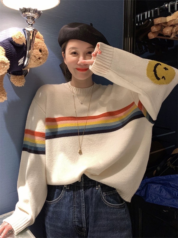 리 만 린 sisy 웃는 얼굴 스웨터 연령 감소 귀신 라운드 넥 니트 스웨터 이른 가을 다용도 배색 풀오버 맨위 여성