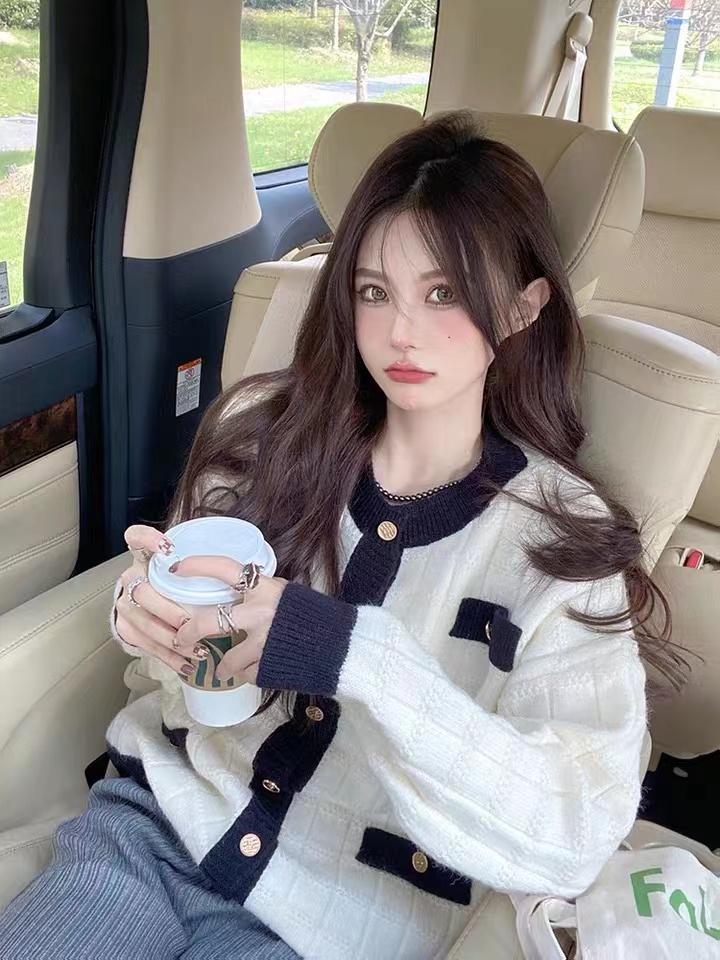 프랑스식 작은 샤넬 스타일 한국 스타일 패치워크 오픈 가디건 스웨터 여자 봄 가을 루즈핏 새로운 디자인 센스 작은 대중 니트 재킷
