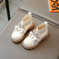 批发织拼接小皮鞋2023年秋冬新款小女孩可爱蝴蝶结小皮靴