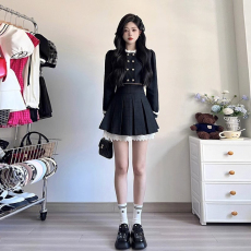 小香风盐系套装女学院风法式短款外套百褶半身裙高级感黑色两件套