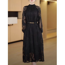 批发送腰带高档国风提花长袖<b class='q'>连衣裙</b>早秋新款宽松显瘦气质优雅中长裙子