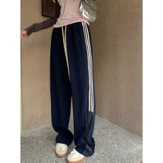 批发实拍2026春夏新款复古撞色杠条直筒卫裤<b class='q'>女</b>潮牌宽松运动裤休闲<b class='q'>长裤</b>