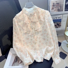 批发荷叶边碎花雪纺衫<b class='q'>女士</b>早春季长袖<b class='q'>衬衫</b>2026新款法式上衣设计感小众