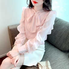 批发2026春秋新款法式蝴蝶结长袖设计感小众气质荷叶边雪纺衬衫女潮