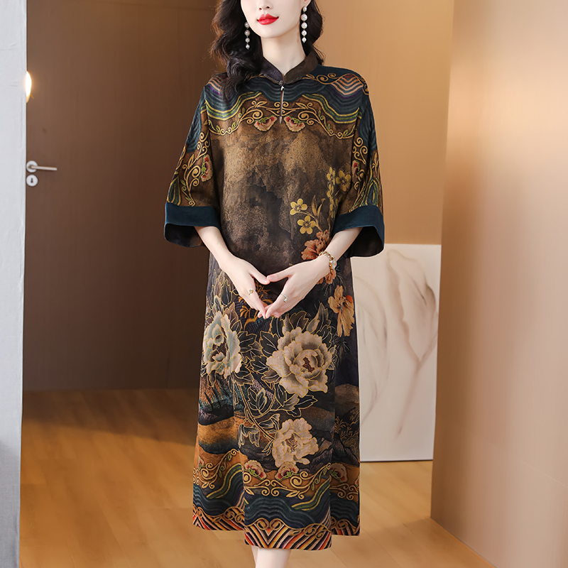 MY5018# 中国风重缎香云纱袍子女高端宽松大码真丝中长款桑蚕丝莨绸连衣...