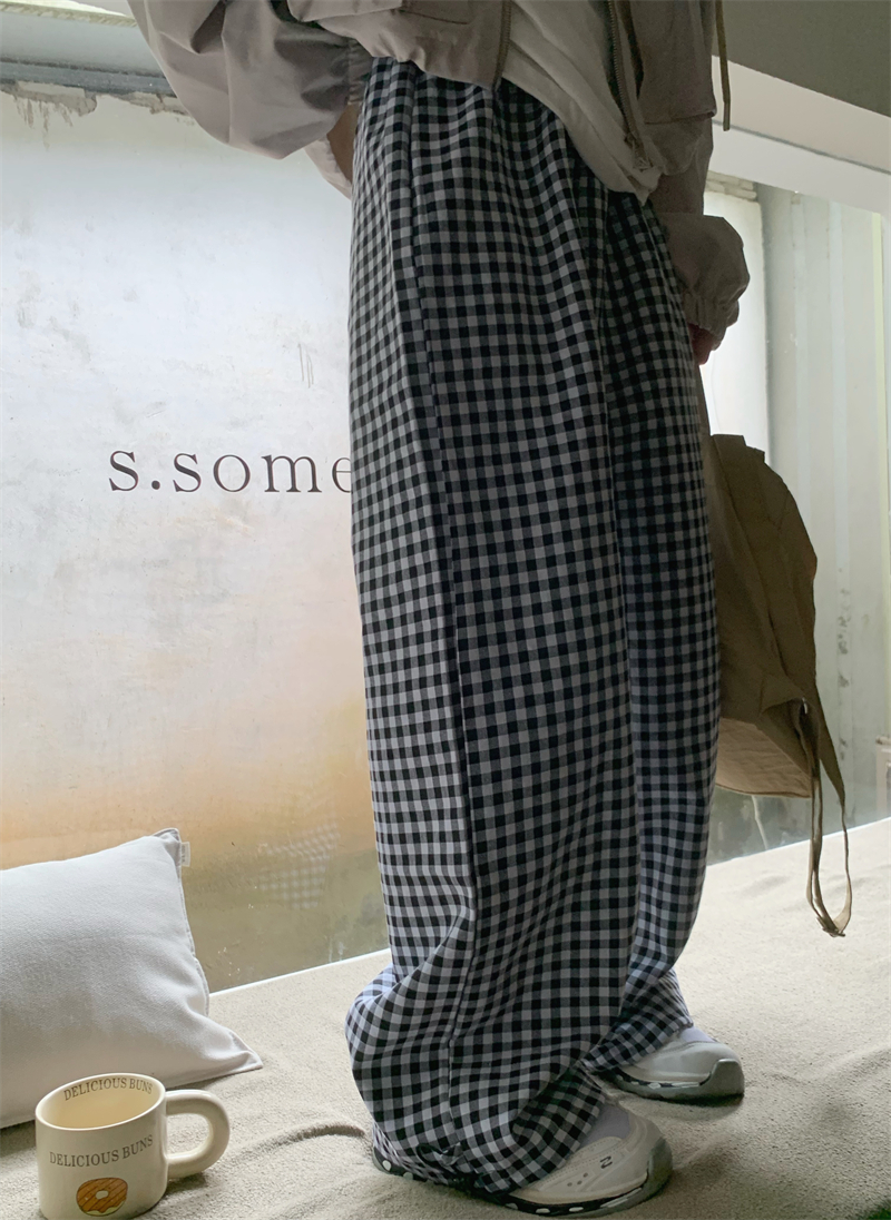 Autumn and winter comfortable, lazy, casual and versatile elastic waist wide leg plaid pants