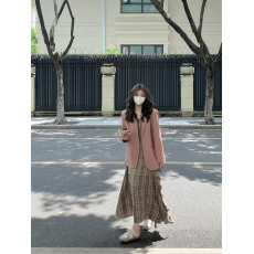 批发实拍实价#韩系简约粉色小<b class='q'>西装</b>外套女春+法式修身格纹吊带连衣裙女