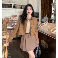 批发实拍大码美式复古机车<b class='q'>皮衣</b>外套女春季正肩小个子短款长袖pu皮夹克