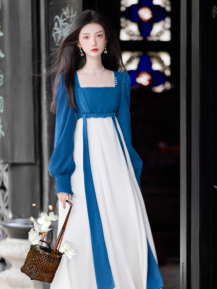 MY13239# 魅蓝女神拼接法式复古长袖连衣裙女裝貨源服裝批發