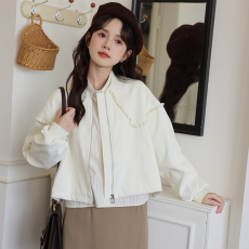 批发实拍2026年春季新款洋气娃娃领拼接抽绳松紧腰拉链宽松袖提花外套