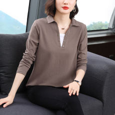 批发2026春秋新款简约半开领长袖T恤女大码宽松遮肉<b class='q'>中年</b>女士百搭上衣