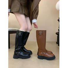 批发秋冬高筒靴女骑士靴厚底小个子不过膝长筒靴金属扣棕色中筒靴百搭
