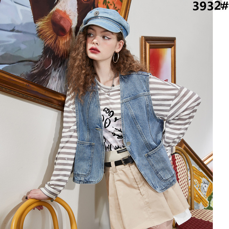 요정 ~ 중 주머니 V넥 데님 조끼 여자 2026 봄 가을 새로운 외부 가져 가라. 스택 착용 작은 조끼 재킷 민소매