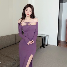 批发实拍实价性感开叉挂脖<b class='q'>高腰</b>包臀长袖<b class='q'>连衣裙</b>女气质茶里茶气别致长裙