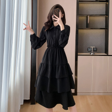 实拍法式高级感黑色衬衫连衣裙女春秋新款小众设计感蛋糕裙裙子