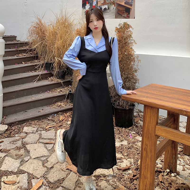 실사 이후 패키지 칼라 솜씨 새로운 배색 패치워크 페이크 레이어드 허리 수축 레이스업 한 마디 긴팔 드레스