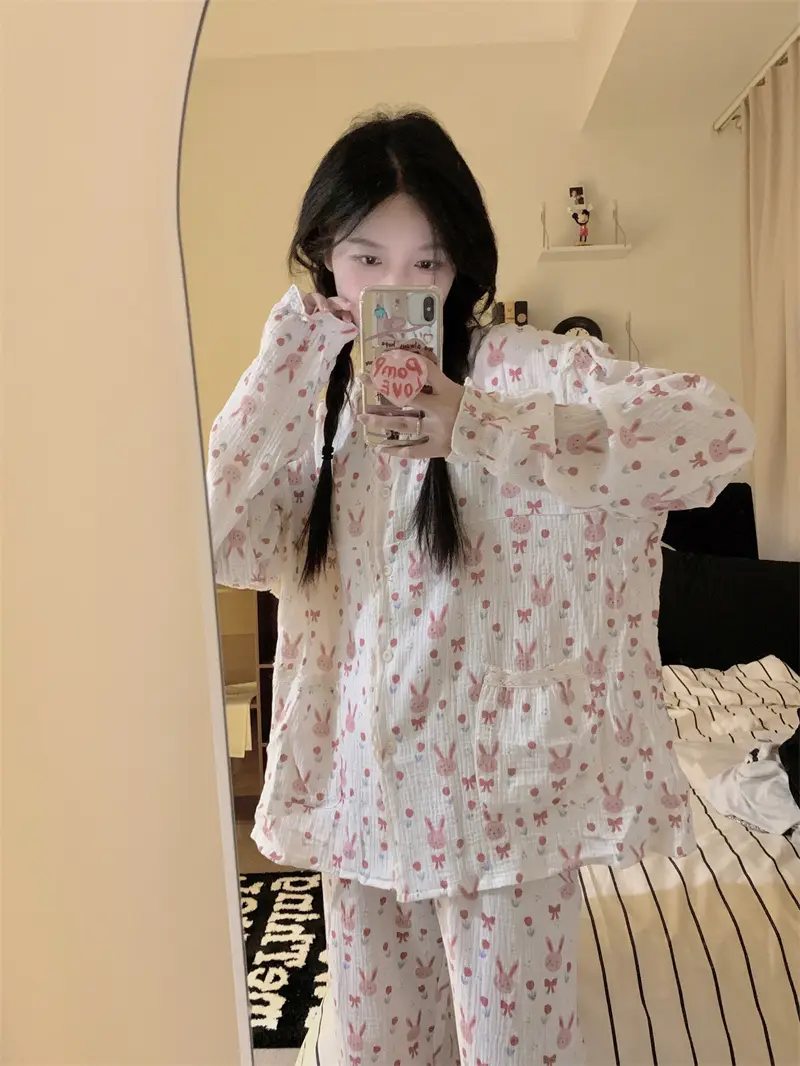 귀여운 토끼 프린트 가을 홈웨어 세트 상세 이미지 1