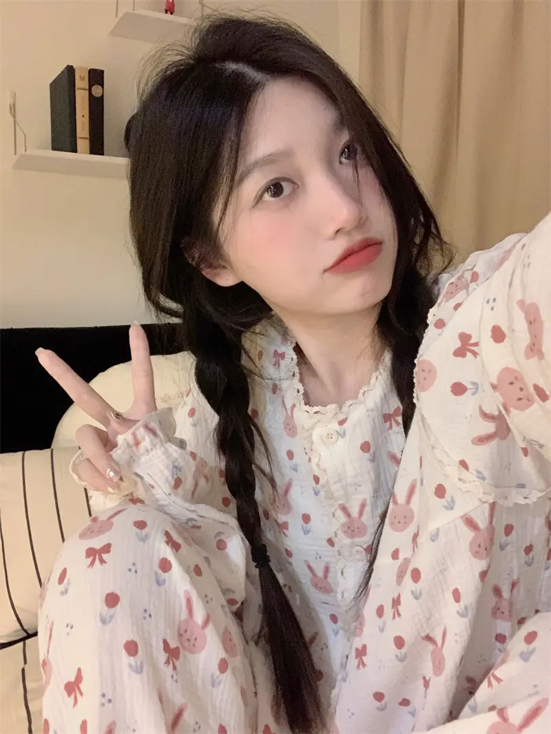 귀여운 토끼 프린트 가을 홈웨어 세트 상세 이미지 2