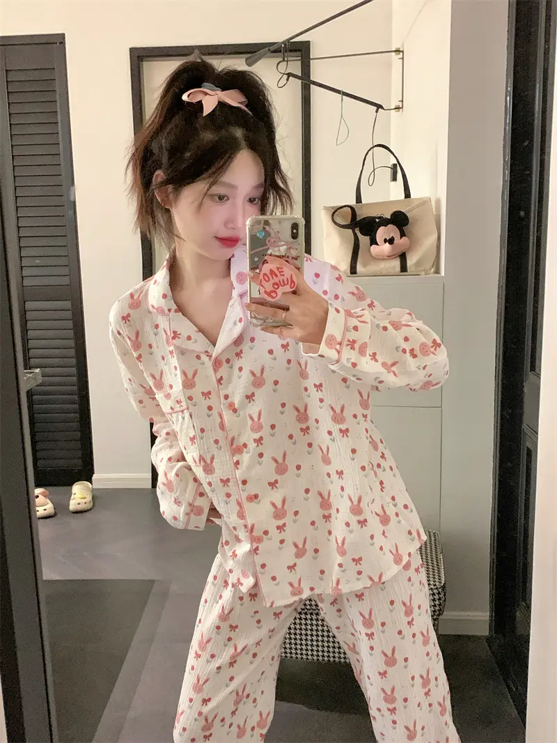 귀여운 토끼 프린트 가을 홈웨어 세트 상세 이미지 3