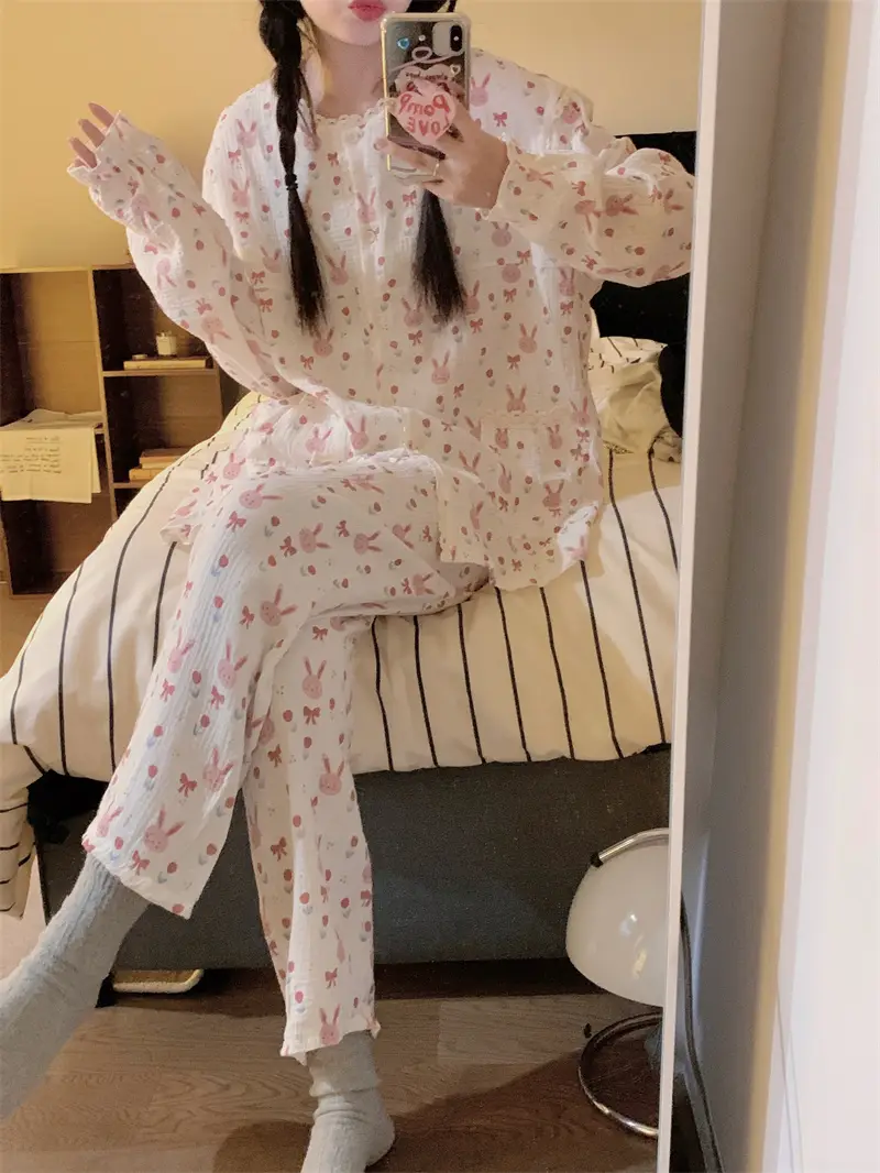 귀여운 토끼 프린트 가을 홈웨어 세트 상세 이미지 4