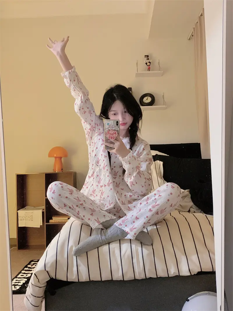 귀여운 토끼 프린트 가을 홈웨어 세트 상세 이미지 5